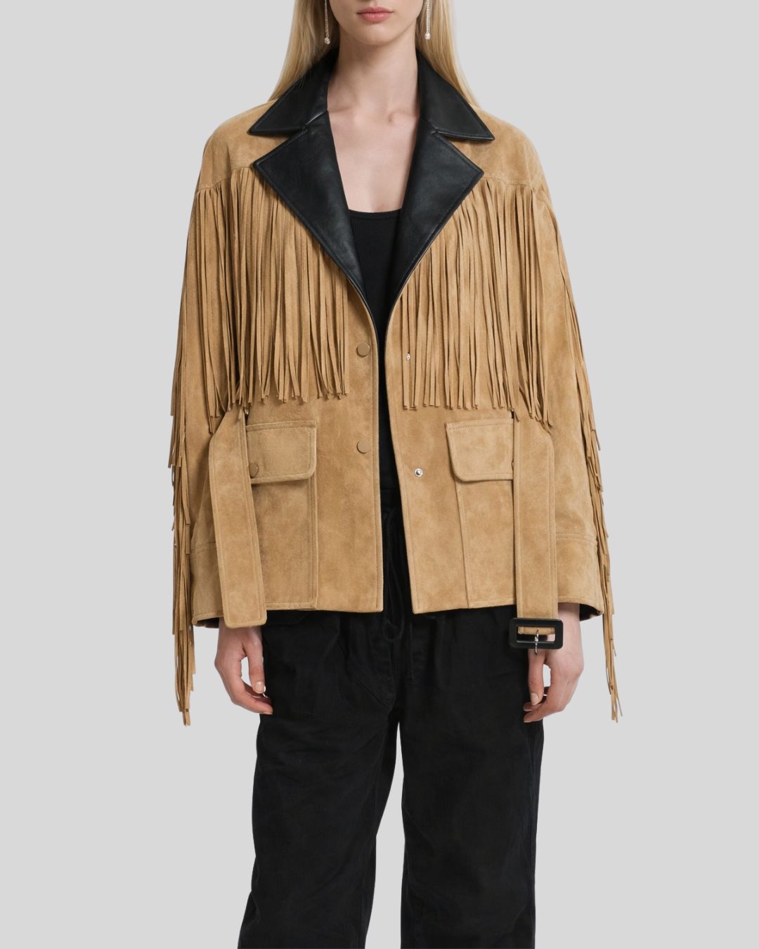 Front view of tan suede fringe jacket women
