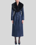 Front view of Toscana blue leather coat women