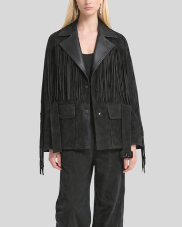 Black Suede Fringe Jacket Women – Front View