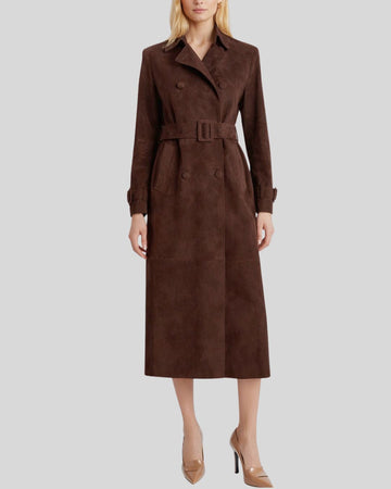 Mocha Brown Suede Trench Coat For Women – Front View