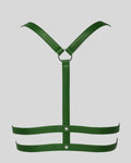 back of green leather harness with Y-strap and silver rings