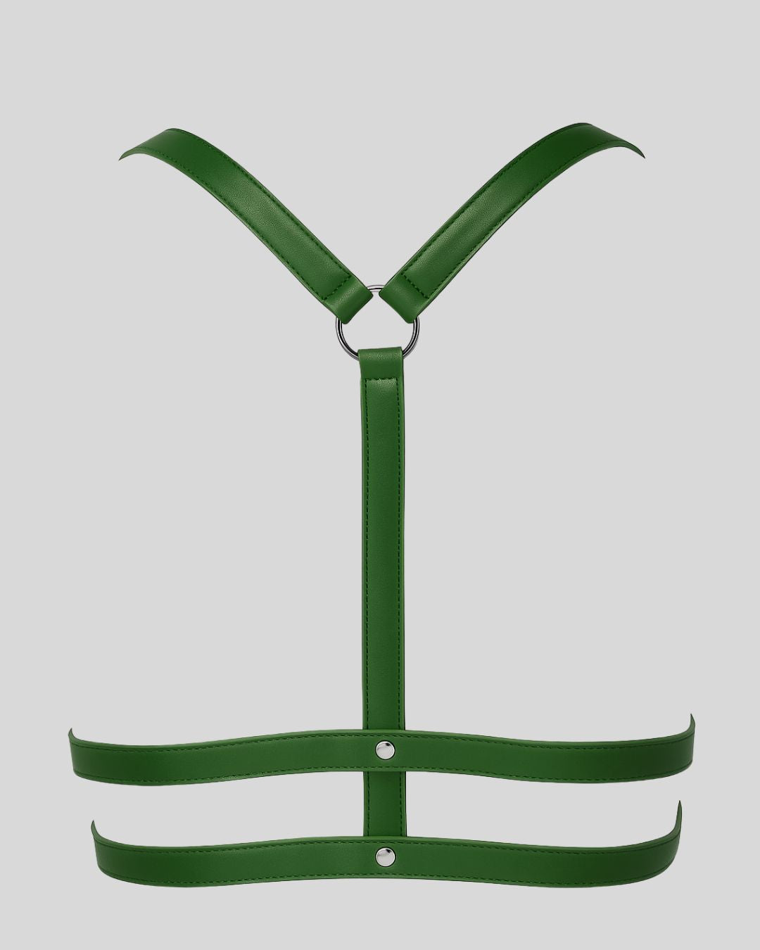 back of green leather harness with Y-strap and silver rings