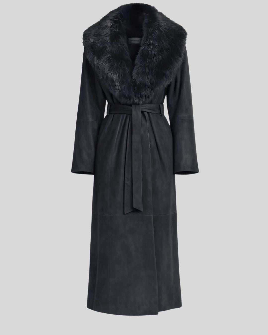 Hani Black Suede Fur Collar Coat – Women's Long Suede Coat with Faux Fur Collar, Winter Outerwear
