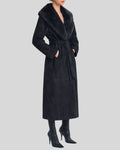Hani Black Suede Fur Collar Coat – Women's Side View of Black Suede Coat with Faux Fur Collar