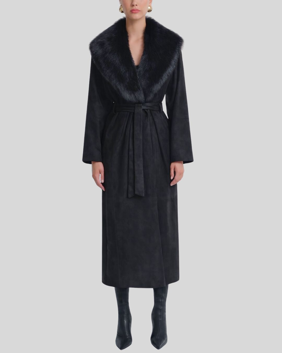 Hani Black Suede Fur Collar Coat – Stylish Women's Faux Fur Collar Suede Coat for Winter Fashion