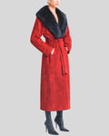 Side profile of Hani red suede winter coat with fur collar