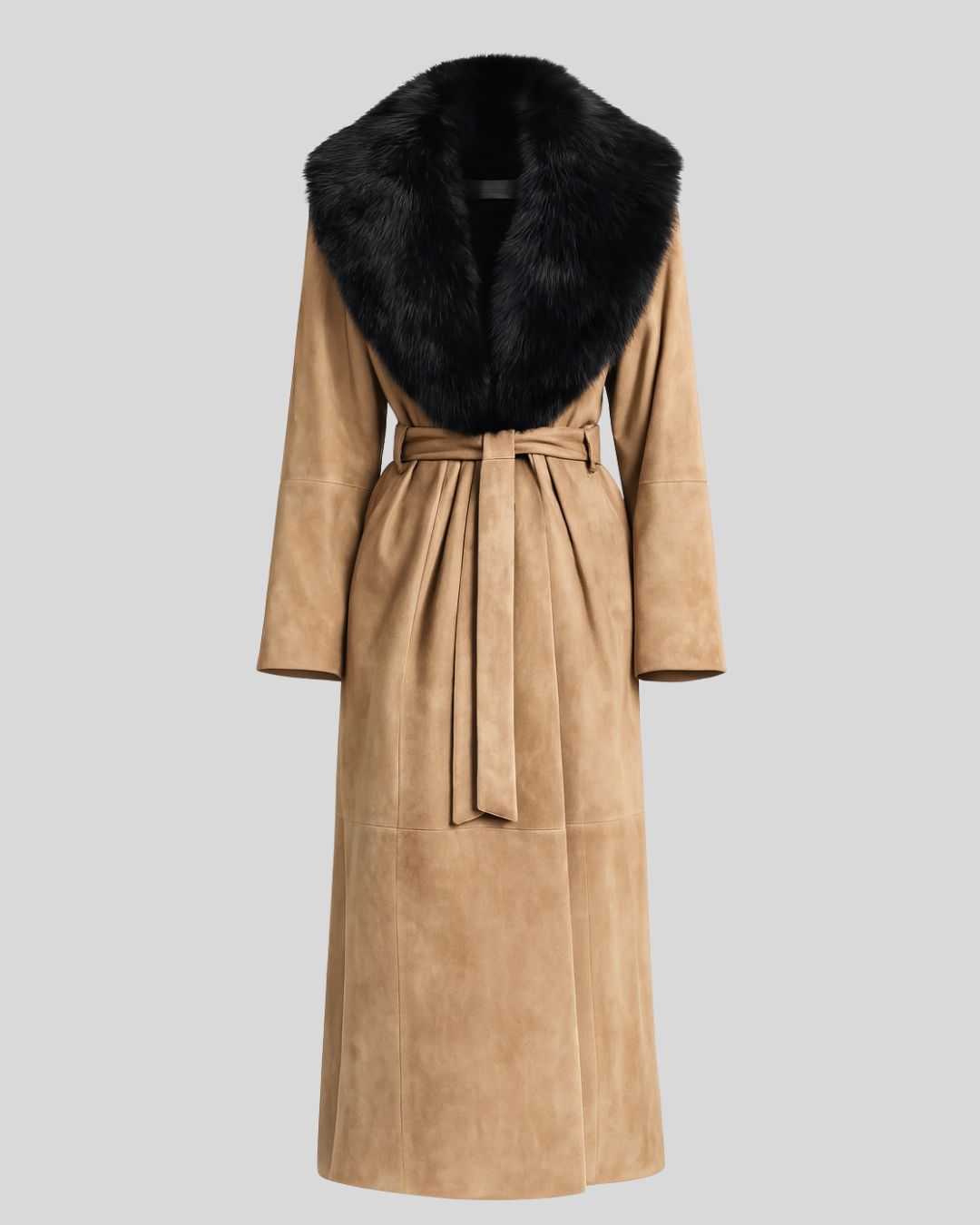 Front view of hani tan suede fur collar coat for women