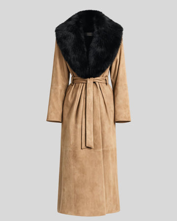 Front view of hani tan suede fur collar coat for women