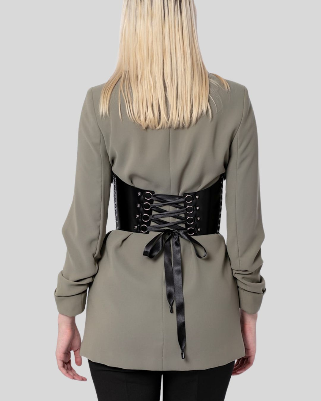 Rear view showing satin lace-up closure of black corset belt