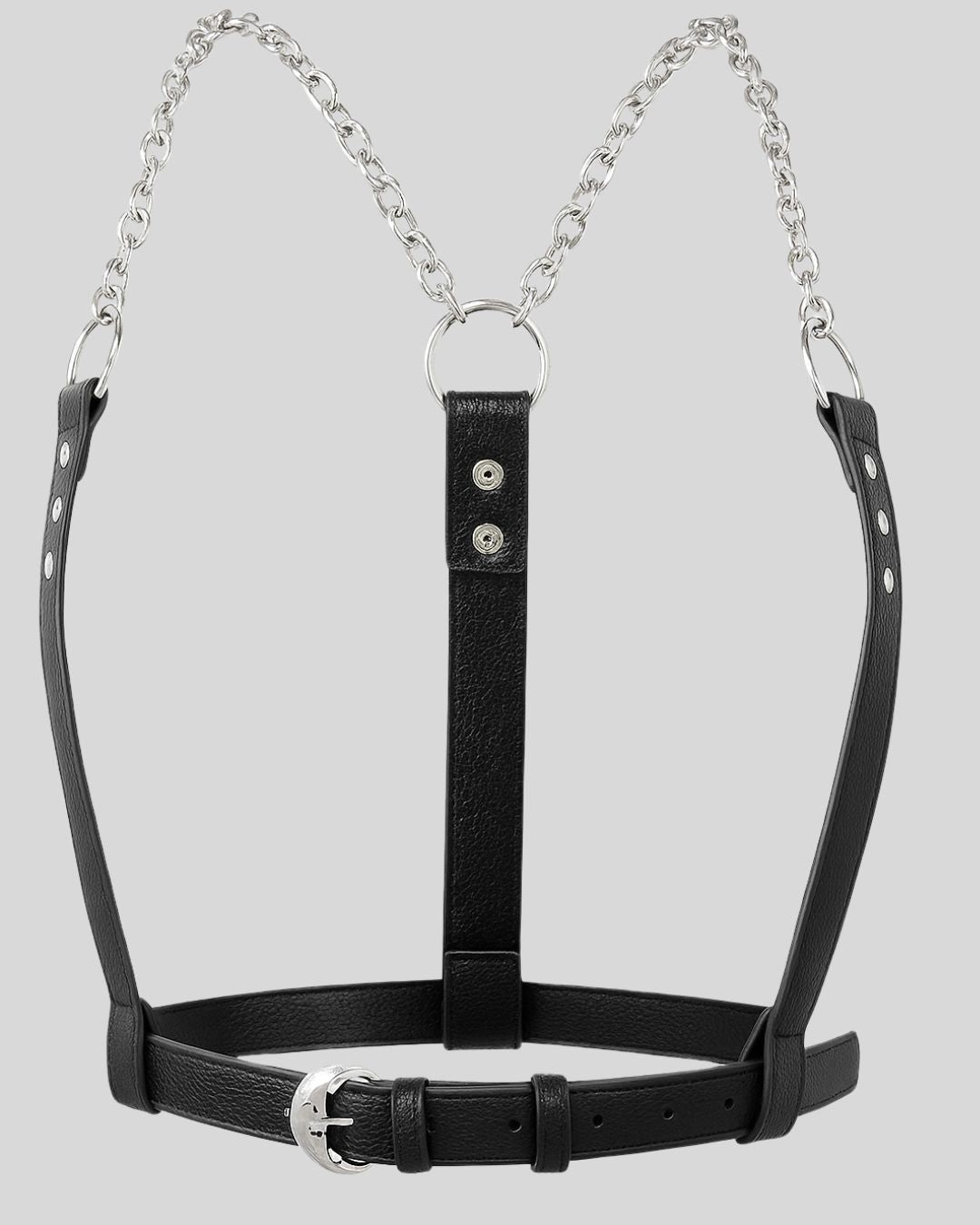 black leather chain body harness with vertical strap and silver buckle laid flat