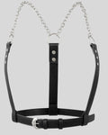 black leather chain body harness with vertical strap and silver buckle laid flat