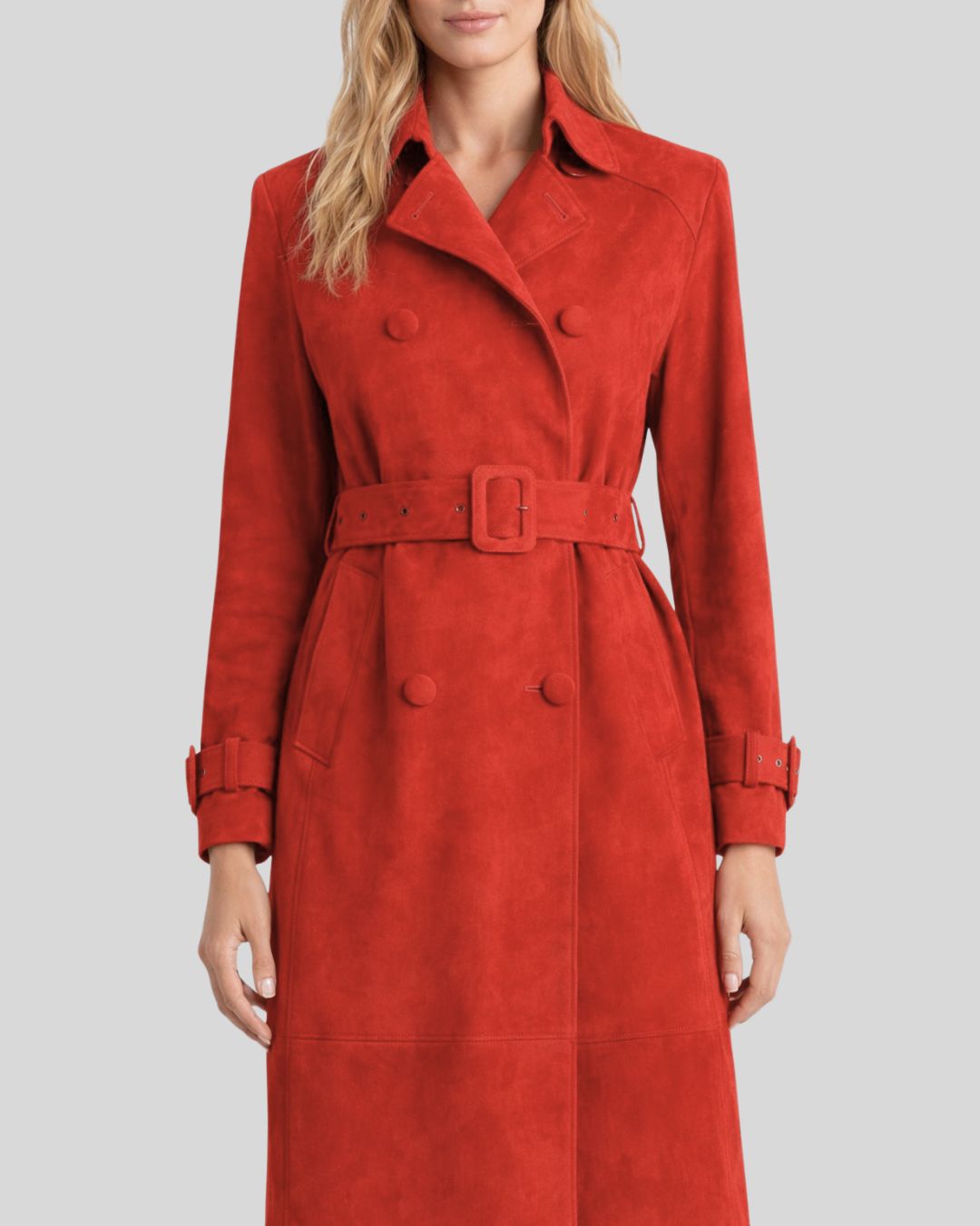 Front view of red suede trench coat for women