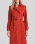 Close-up front view of luxury red suede trench coat