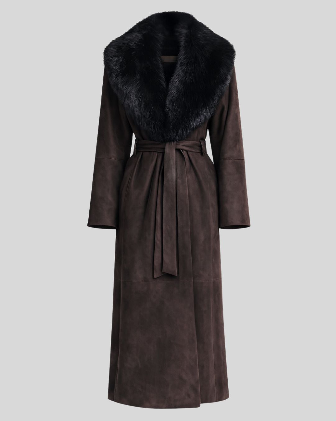 Mocha brown suede fur collar coat displayed in studio