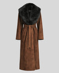 Brown suede fur collar coat displayed with belt tied at waist