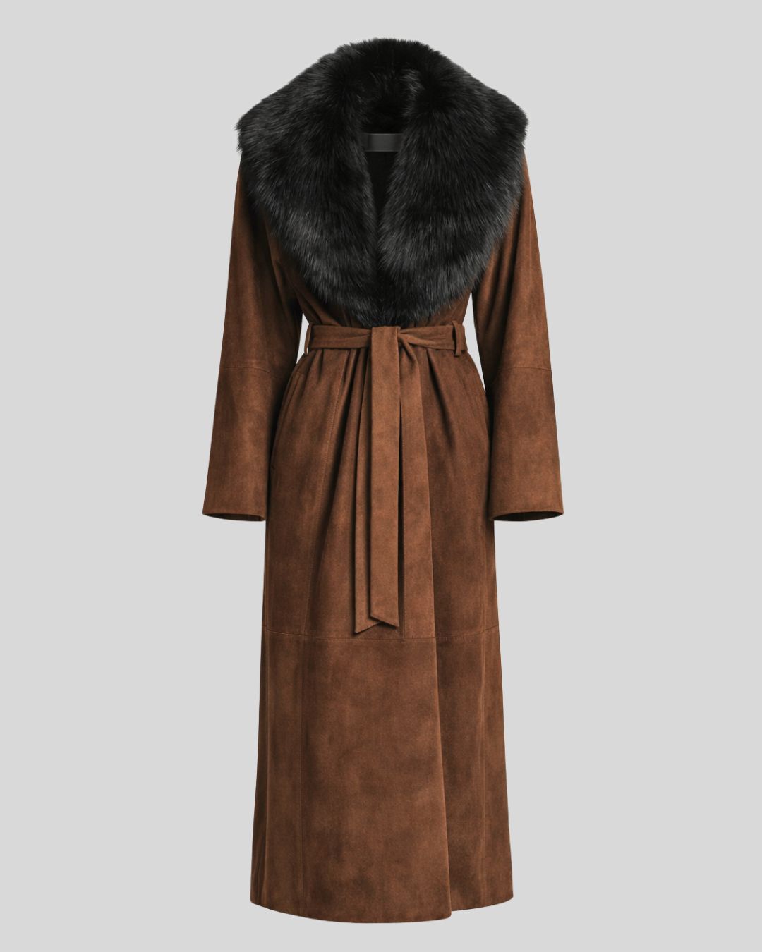 Brown suede fur collar coat displayed with belt tied at waist