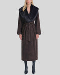 Front view of mocha brown suede faux fur winter coat for women
