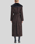 Back view of mocha brown suede fur collar coat showing tailored fit