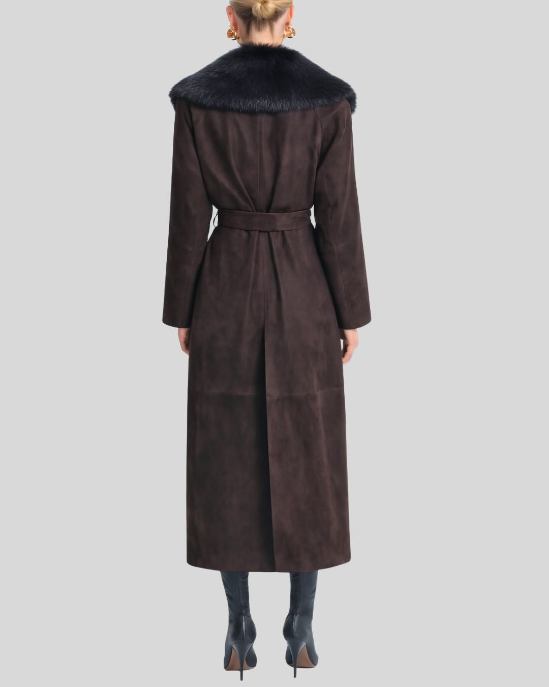 Back view of mocha brown suede fur collar coat showing tailored fit