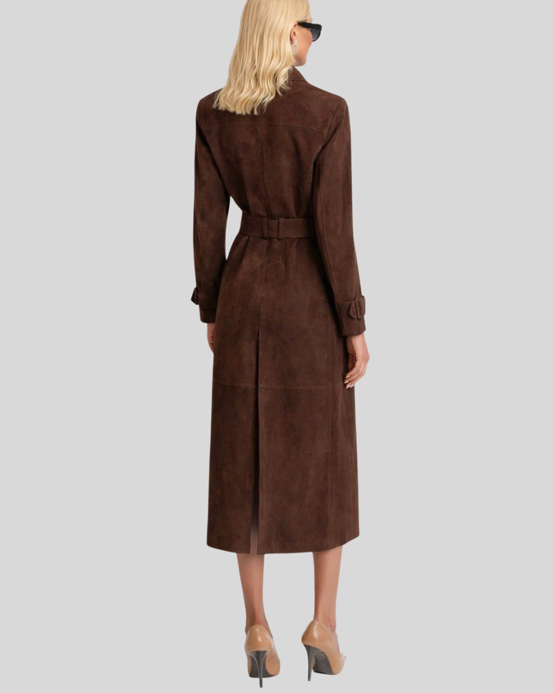 Back view of mocha brown suede trench coat for women