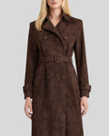 Front  close view of mocha brown suede trench coat for women