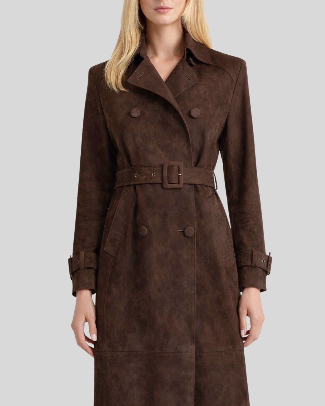 Front  close view of mocha brown suede trench coat for women