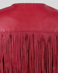 Close-up of red leather fringe on the back of Nordwyn Crimson Fringe jacket
