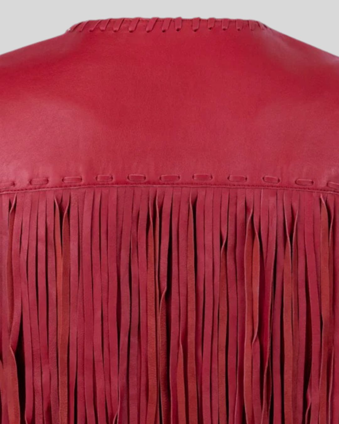 Close-up of red leather fringe on the back of Nordwyn Crimson Fringe jacket

