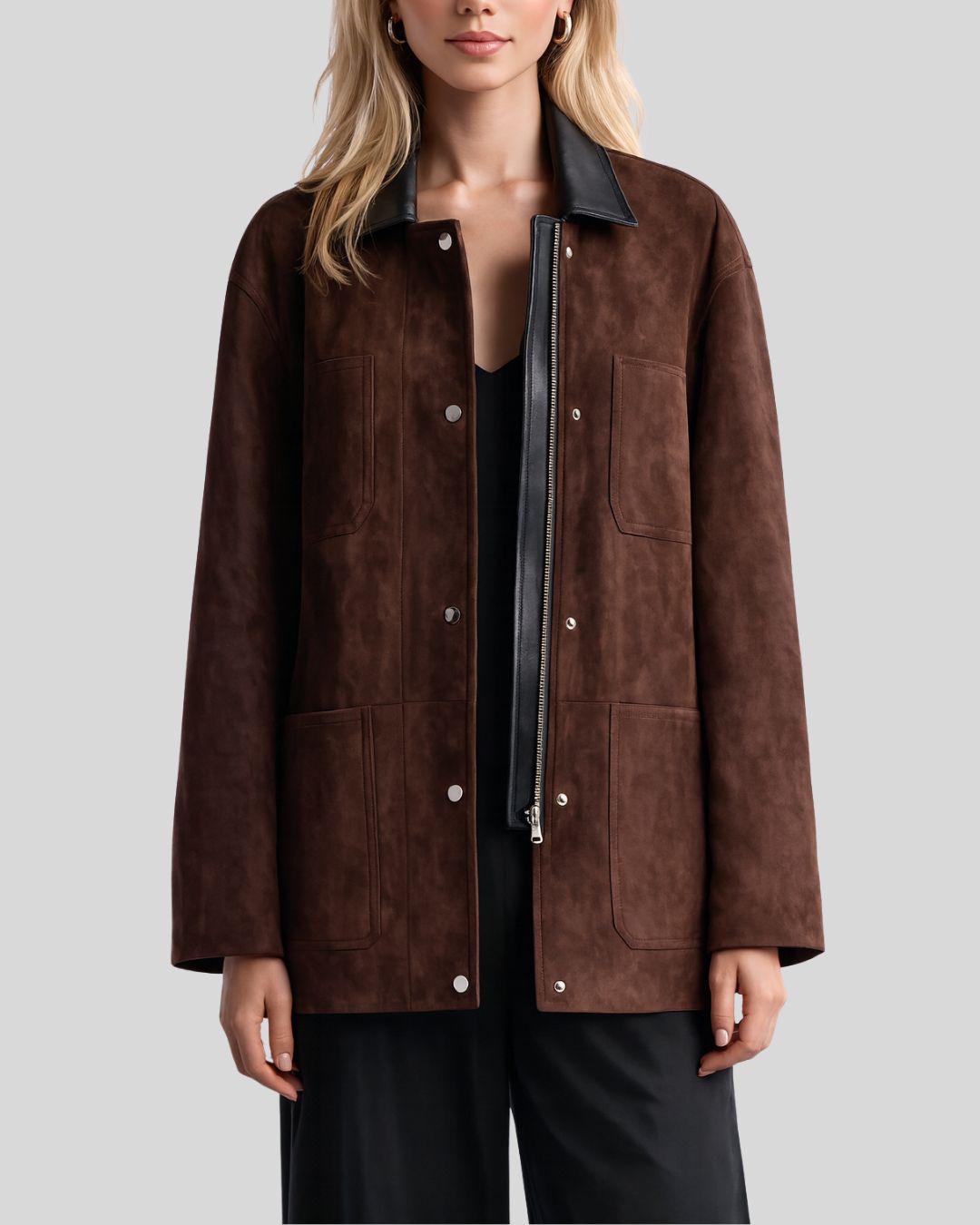 Cocoa Button Up Suede Jacket – Open Front View