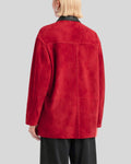 Back view of red button up suede jacket women