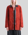 Front view of red button up suede jacket women