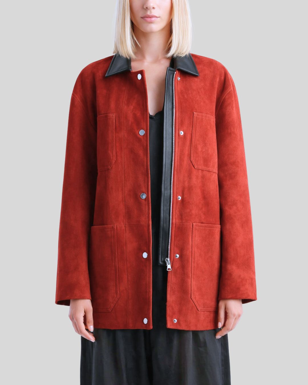 Front view of red button up suede jacket women