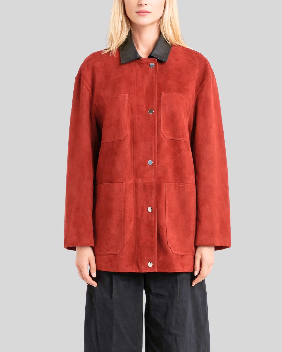 Full front styling of red button up suede jacket women