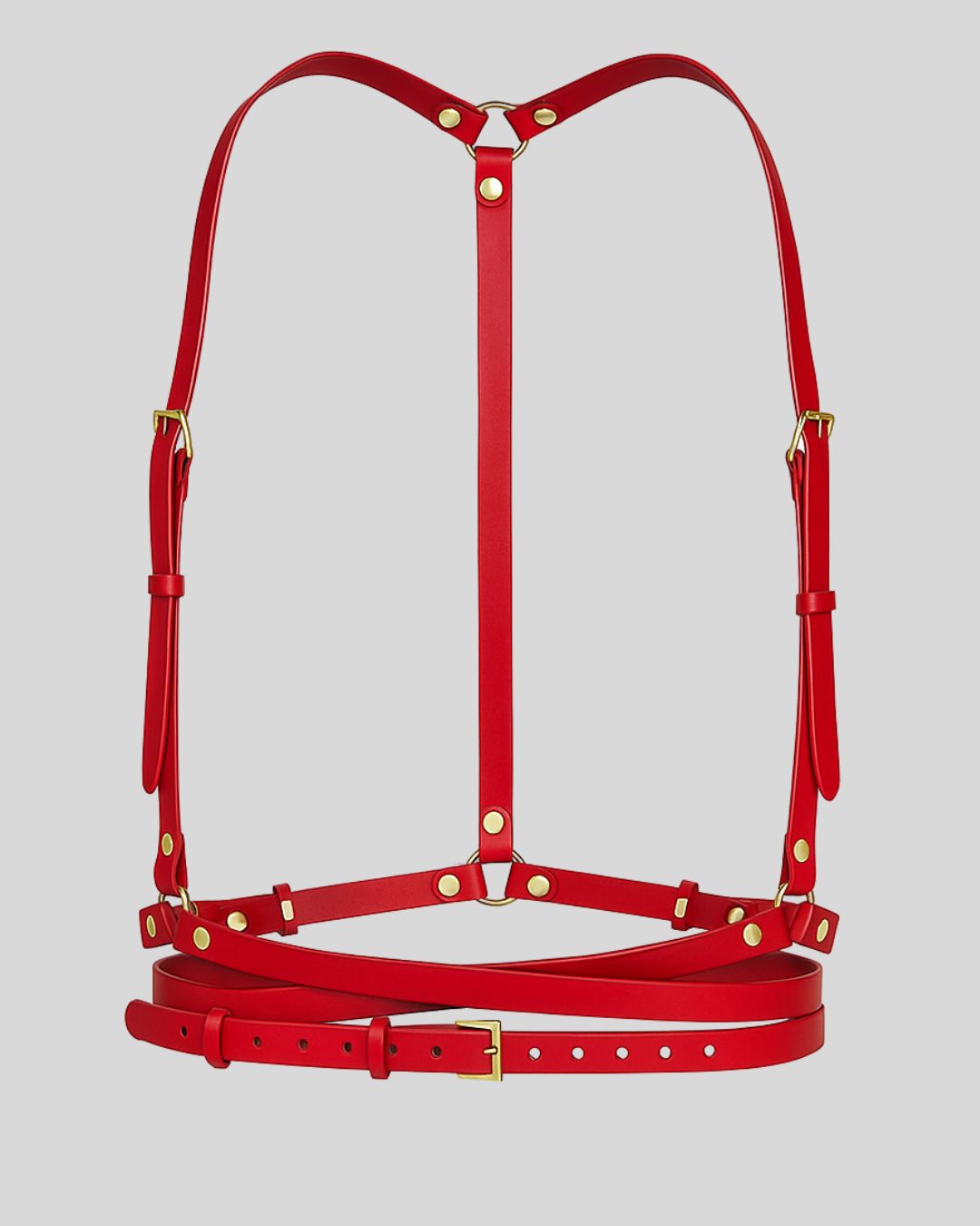  flat view of red leather harness with gold hardware