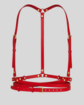  flat view of red leather harness with gold hardware