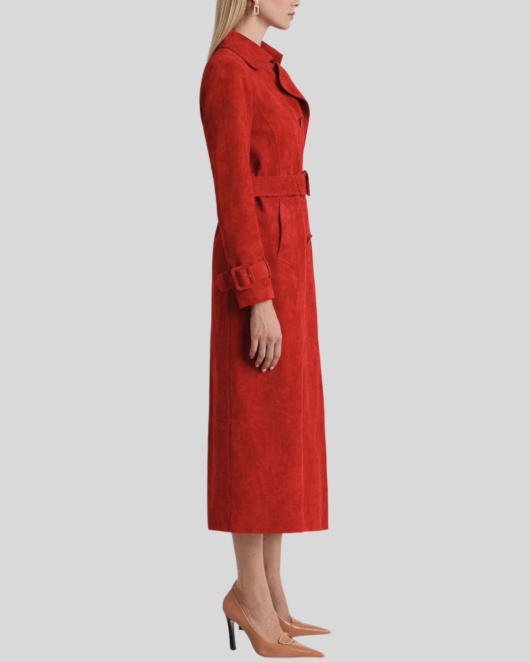 Side profile of red suede double breasted trench coat