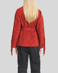 Back view of red suede fringe jacket women