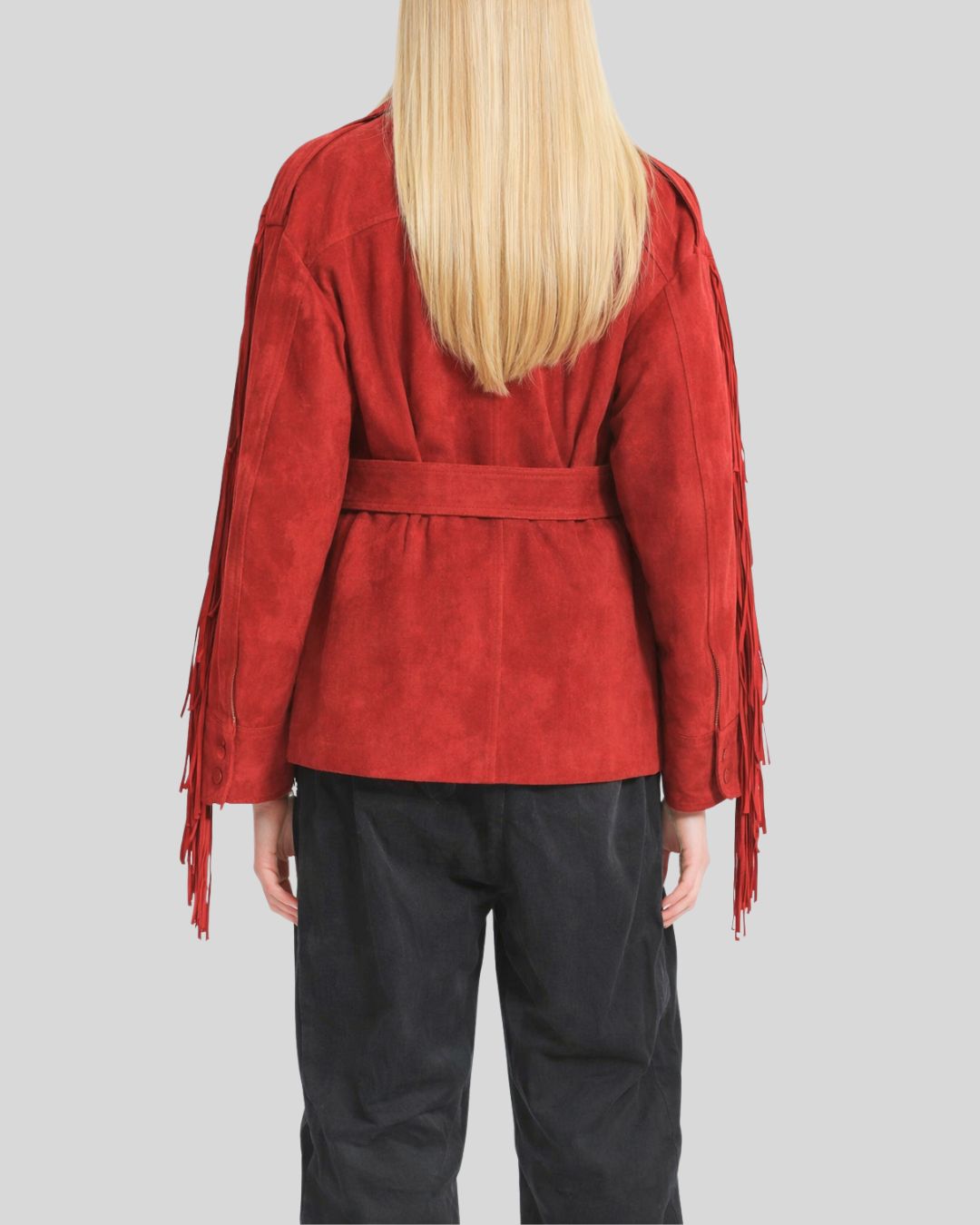 Back view of red suede fringe jacket women