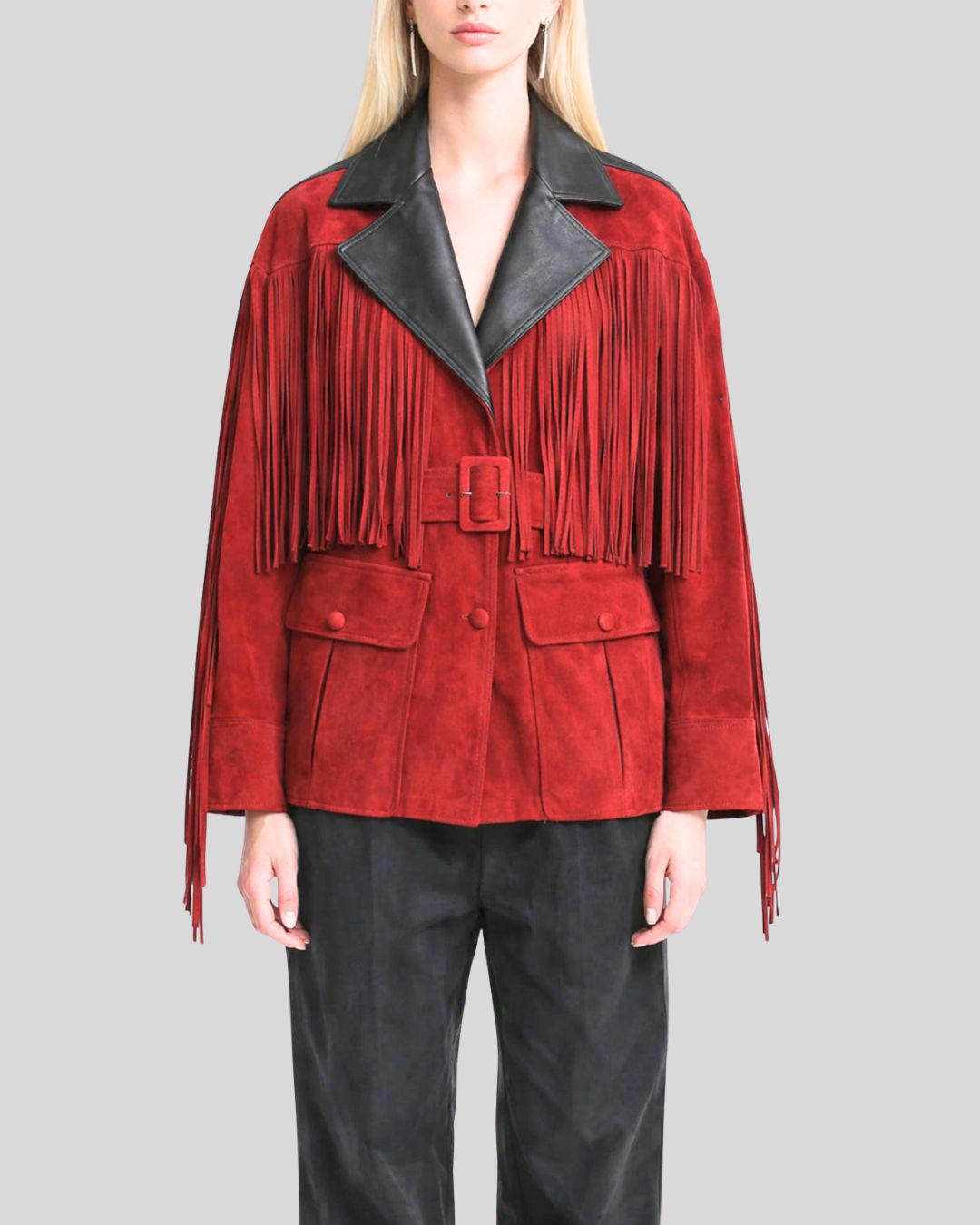 Full front view of red suede fringe jacket women with belt