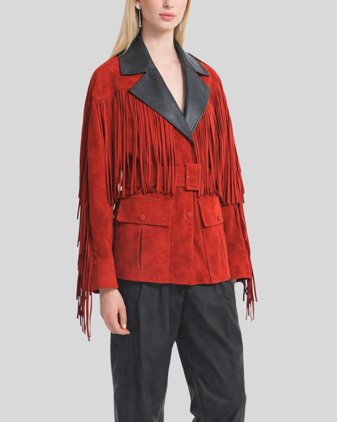 Angled view of red suede fringe jacket women