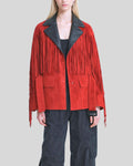 Front view of red suede fringe jacket women