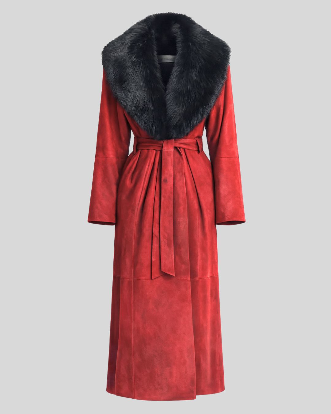 Studio front view of red suede fur collar coat by Muntalia
