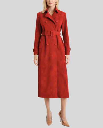 Front view of red suede trench coat for women