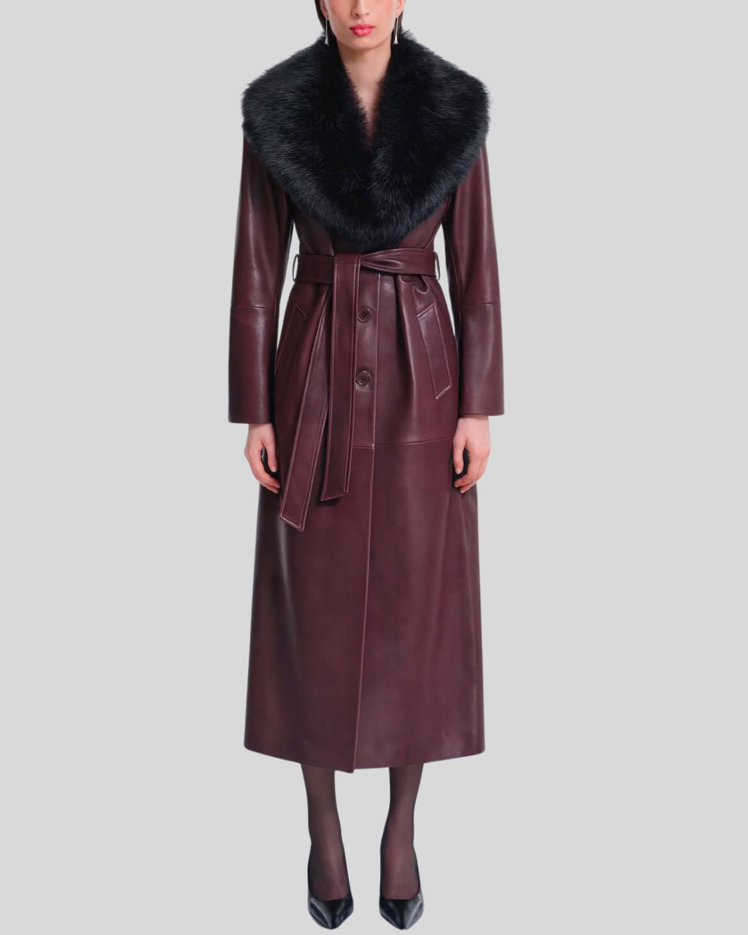 Burgundy Faux Fur Leather Trench Coat – Front