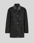 Studio flat view of black button up suede jacket