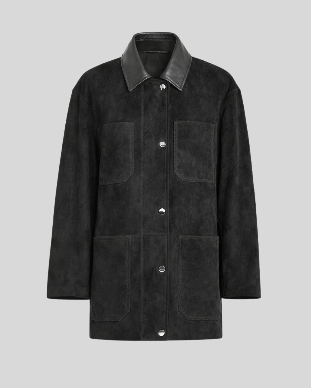 Studio flat view of black button up suede jacket