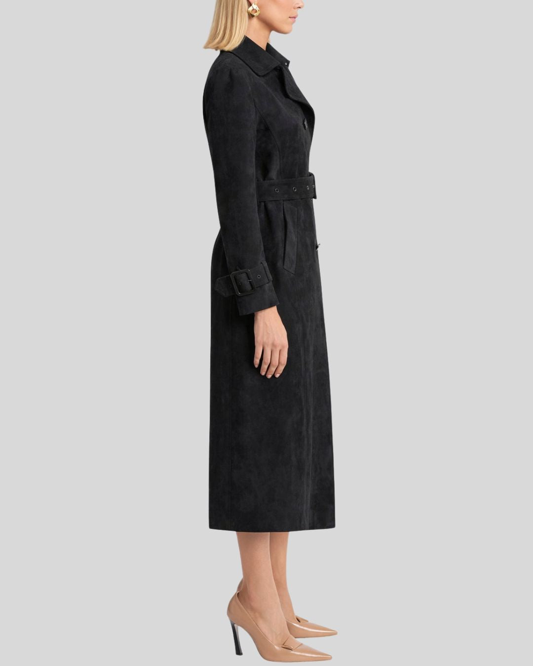 Front view of black suede trench coat for women with belted waist and long silhouette
