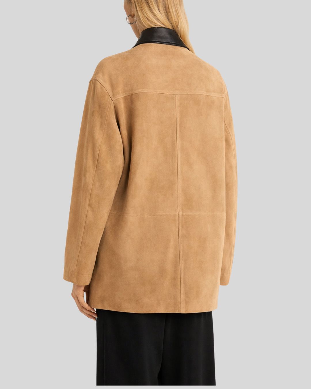Front view of tan button up suede jacket women