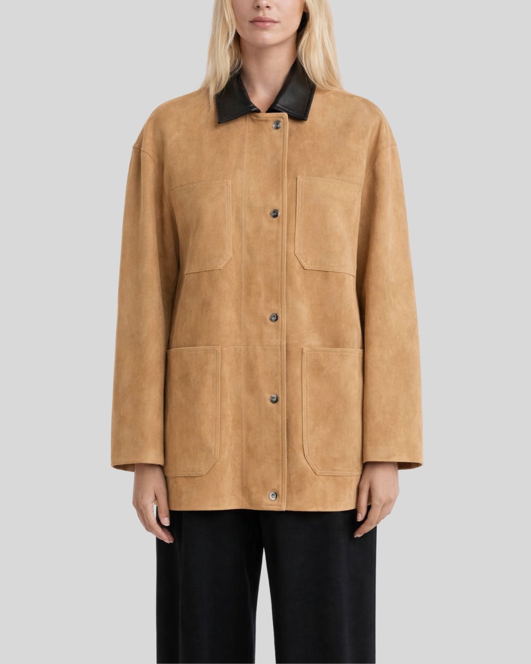 Front closed view of tan button up suede jacket