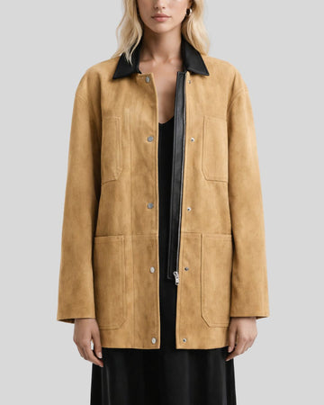 Front view of tan button up suede jacket women